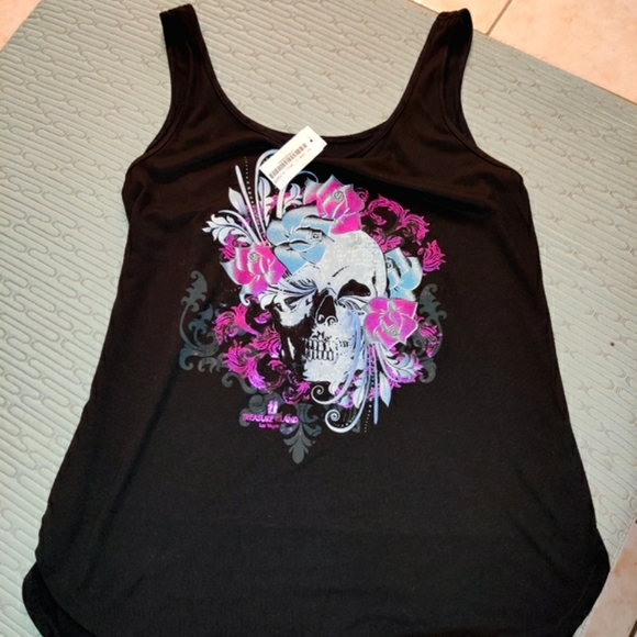 NEW Goth Las Vegas Punk Emo Skull Shiny Print Floral Rose Small Medium Edgy - Picture 1 of 9